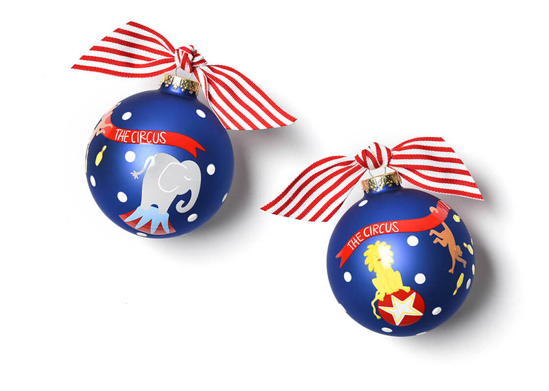 Blue Circus Glass Ornament with Red and White Striped Bow
