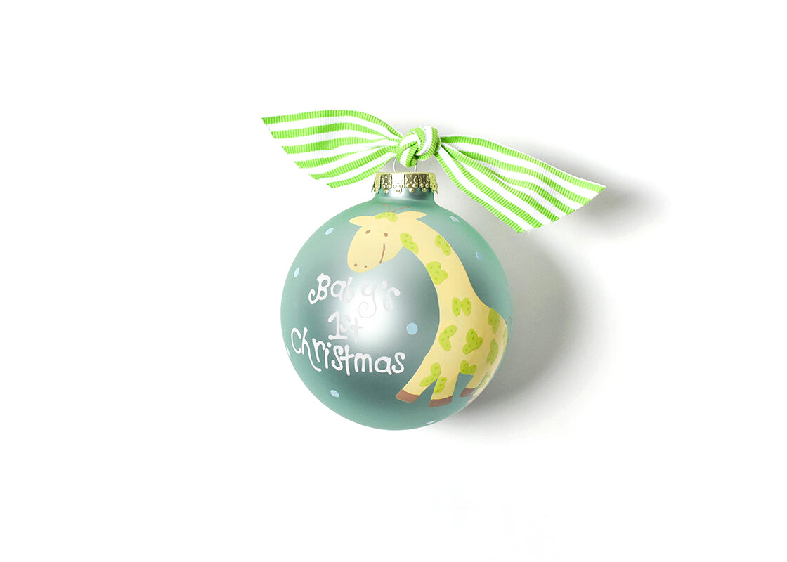 Front View of Blue Baby's First Christmas Giraffe Glass Ornament