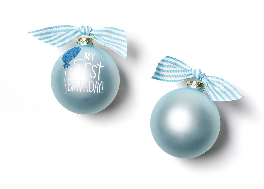 Front and Back View of Blue My First Birthday Balloon Glass Ornament Placed Side by Side