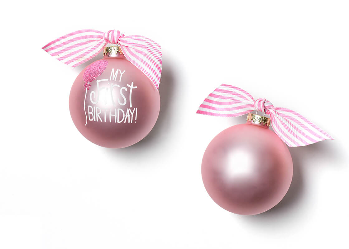 Front and Back View of Pink My First Birthday Balloon Glass Ornament Placed Side by Side