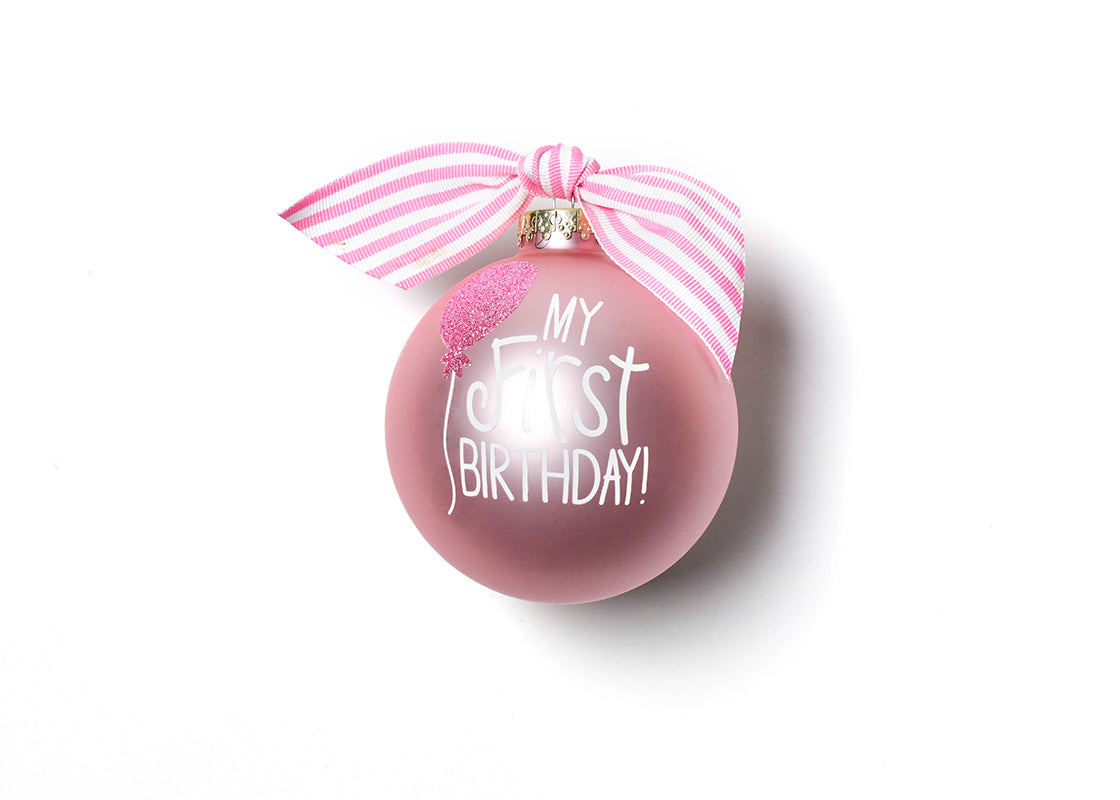 Front View of Pink My First Birthday Balloon Glass Ornament