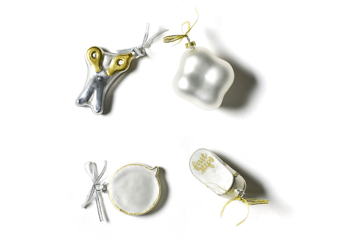 Overhead View of Baby's First Milestones Glass Ornaments Set of 4 Showing all Pieces in Set