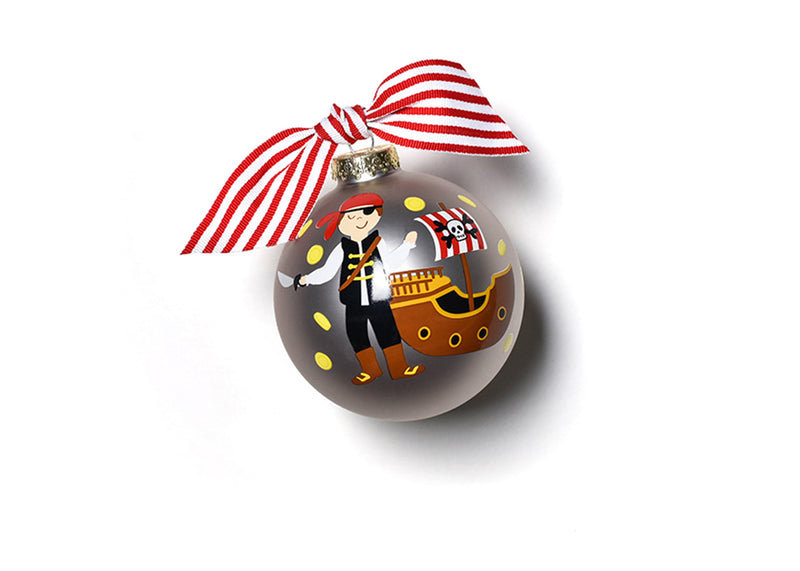 Hand-painted Pirate and Ship on Pirate Ornament with Red Striped Bow