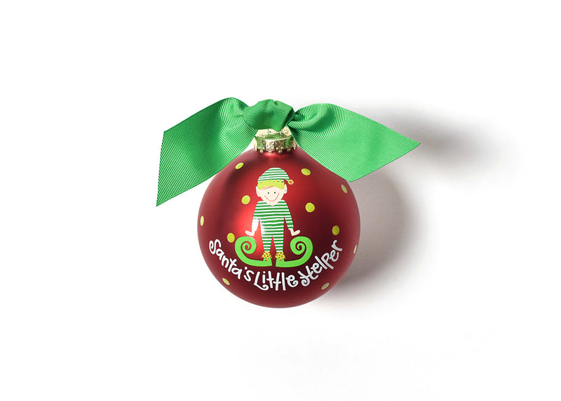 Boy Elf Design on Santa's Little Helper Red Glass Ornament for Christmas