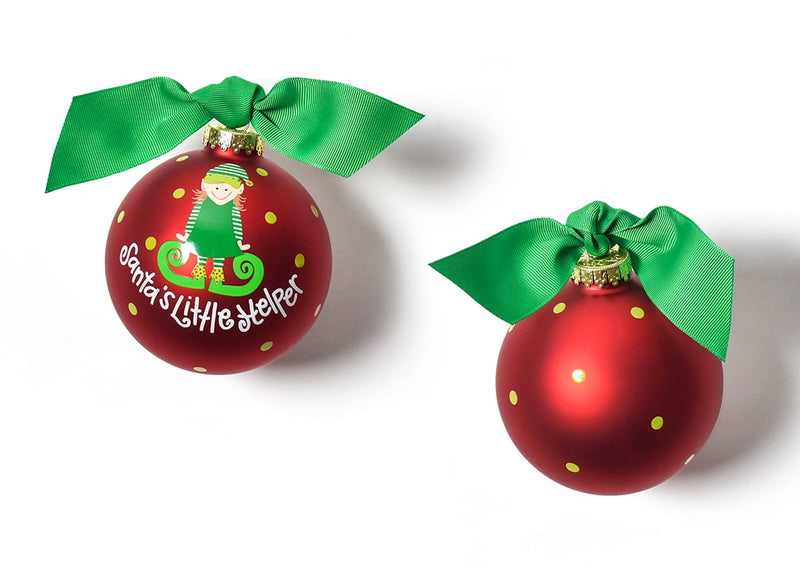 Girl Elf with Green Dress on Red Glass Background of Santa’s Little Helper Ornament for Girls