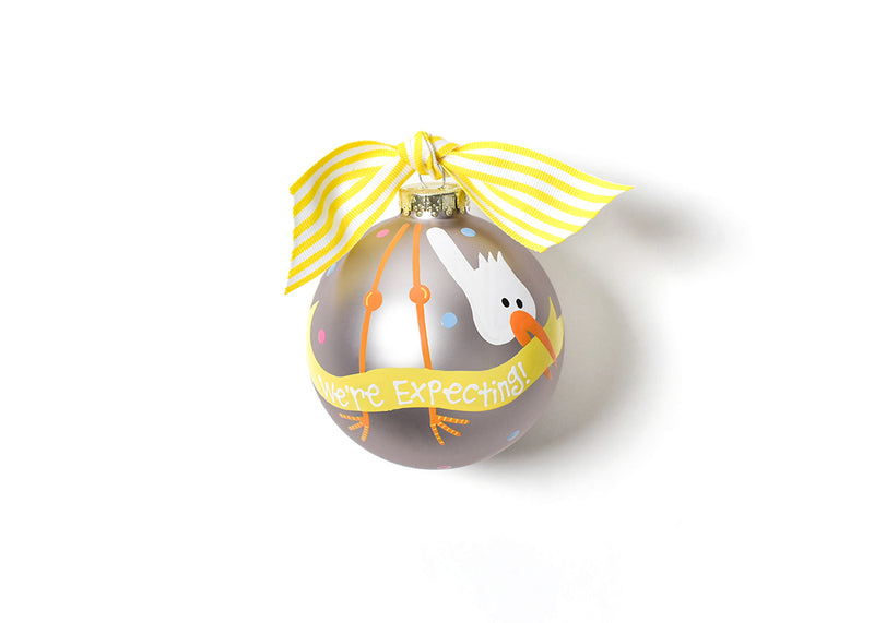 Glass We’re Expecting Ornament with Stork and Yellow Striped Ribbon