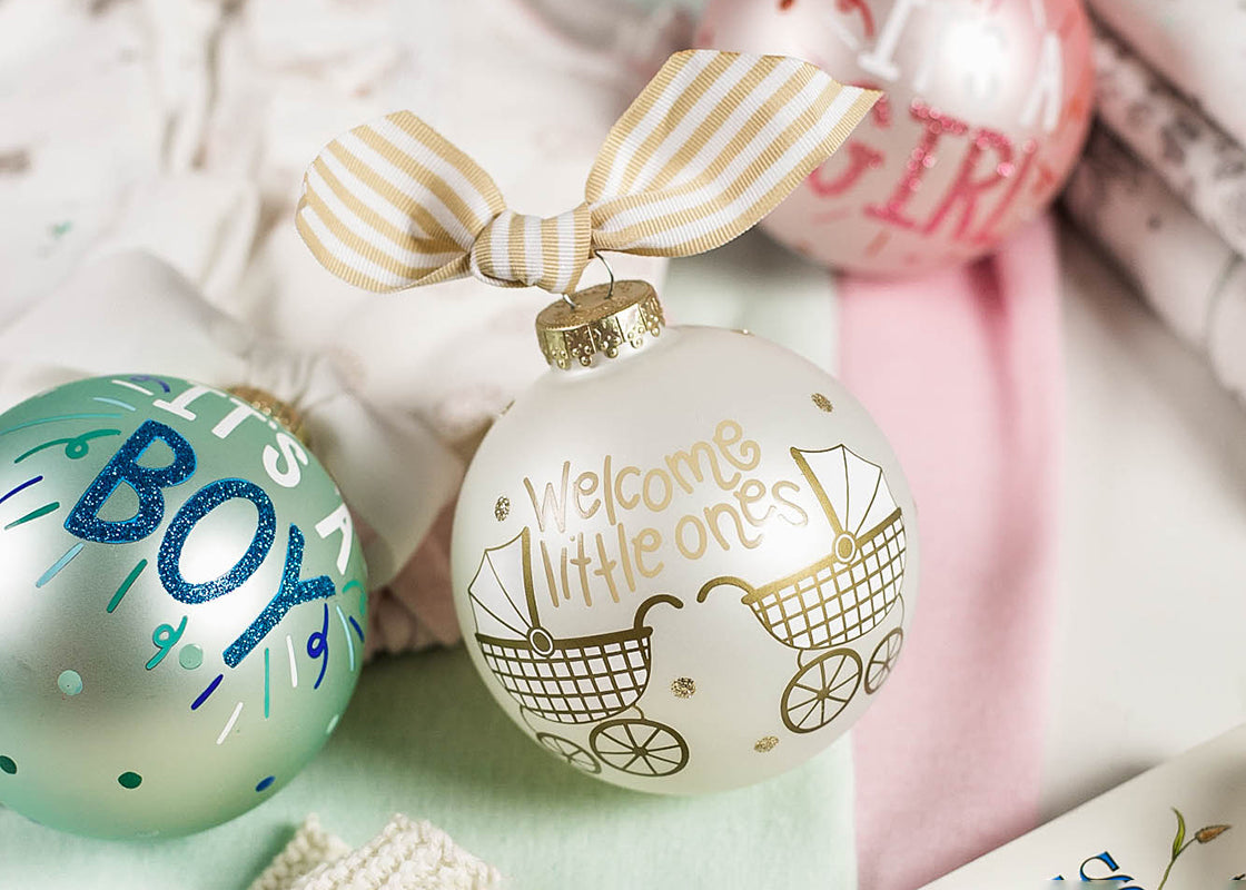 Cropped Close up of Celebrating New Baby Ornaments Including Welcome Little Ones Design
