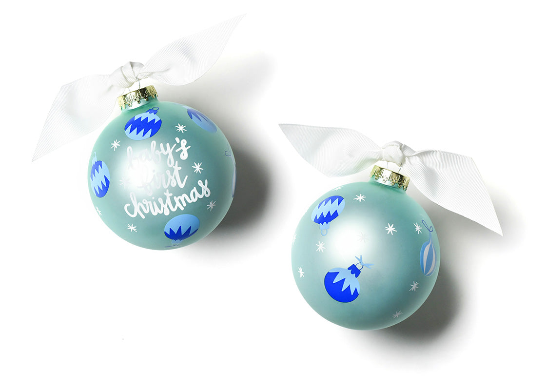 Front and Back View of Blue Baby's First Christmas Glass Ornament Placed Side by Side