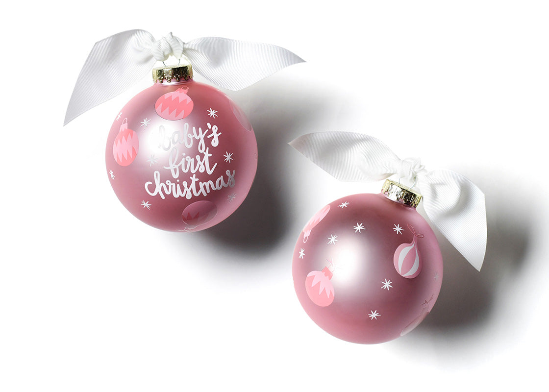 Front and Back View of Pink Baby's First Christmas Glass Ornament Placed Side by Side