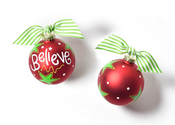 Believe Christmas Ornament with Green Striped Bow