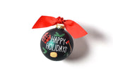 Glass Tree Ornament with Happy Holidays Cutting Down the Tree Theme and Red Ribbon