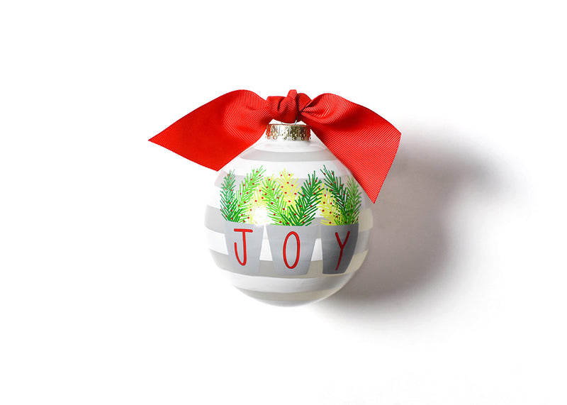 Joy Branches Christmas Ornament with White Stripes and a Red Bow
