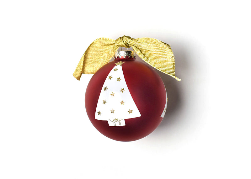 Red Ornament has Tree Design with Script Writing Joy on Peace Love Joy Luminary Tree Christmas Ornament