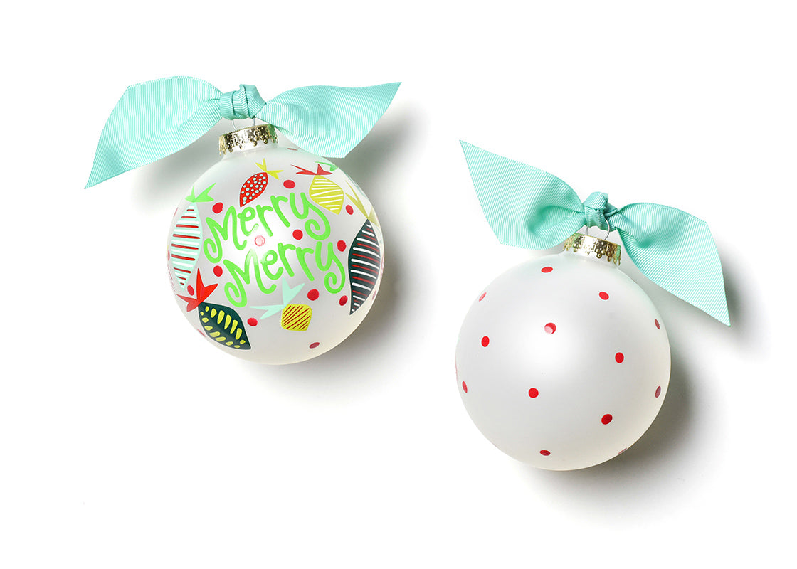 Front and Back View of Merry Merry Baubles Glass Ornament Placed Side by Side