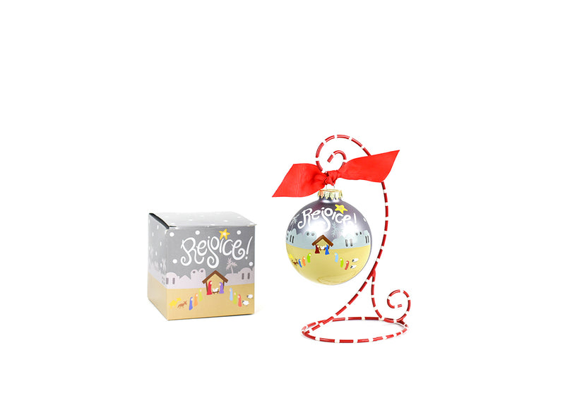 Rejoice Nativity Glass Ornament Custom Gift Box and Ornament Stand