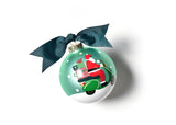 Here Comes Santa Claus Christmas Ornament with Santa Delivering Presents on a Scooter and Dark Green Bow