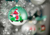 Here Comes Santa Claus Christmas Ornament on Silver Tinsel Tree