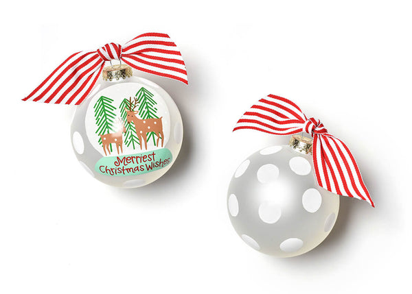 Christmas Wishes Snow Globe Ornament with Red Striped Bow