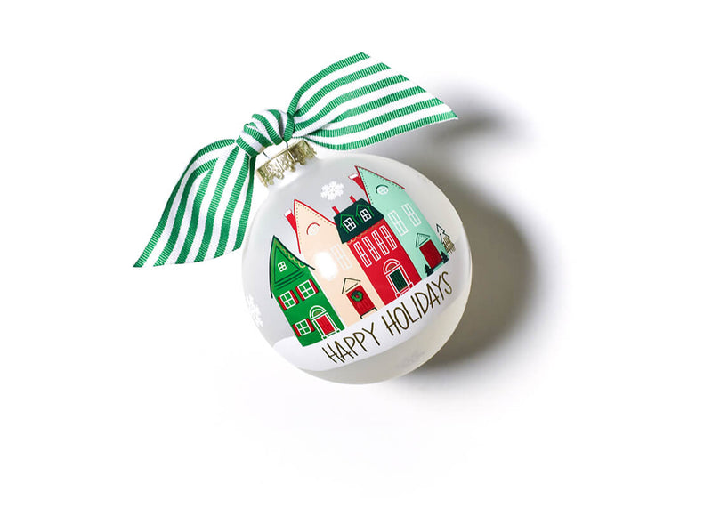 White Vintage Village Ornament with Snowflakes and Green Striped Bow