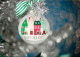 Striped Green Bow Holds Vintage Village Ornament to Silver Tinsel Christmas Tree