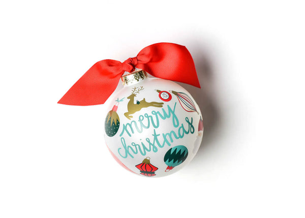 Merry Christmas Vintage Glass Ornament with Red Bow