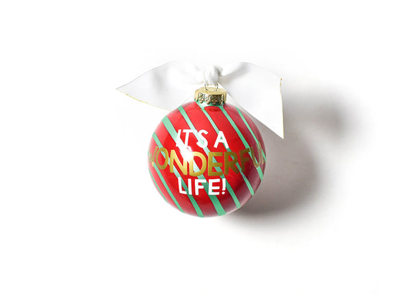 Green Stripes and White Ribbon on Glass Ornament It's a Wonderful Life Design