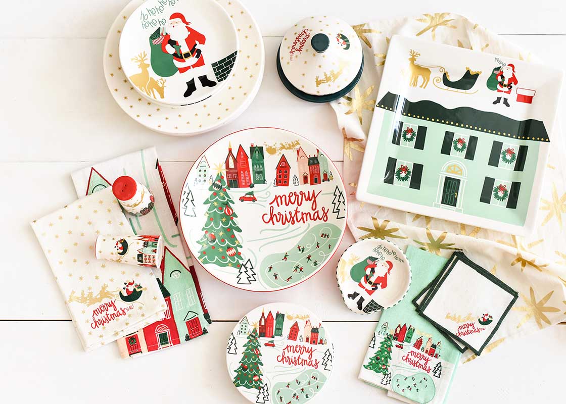 Overhead View of Christmas Platters and Decor Including Square Platter Christmas in the Village Rooftop Design