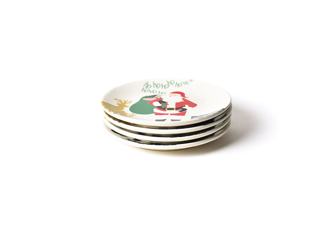 Front View of Neatly Stacked Santa on the Rooftop Salad Plate Set of 4 Showing all Pieces in Set