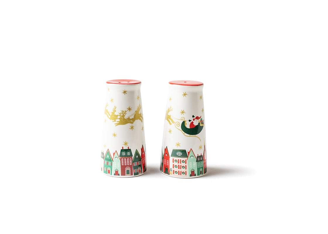 Front View of Showcasing Design Detail on Outside of Flying Santa Salt and Pepper Shaker Set Placed Side by Side