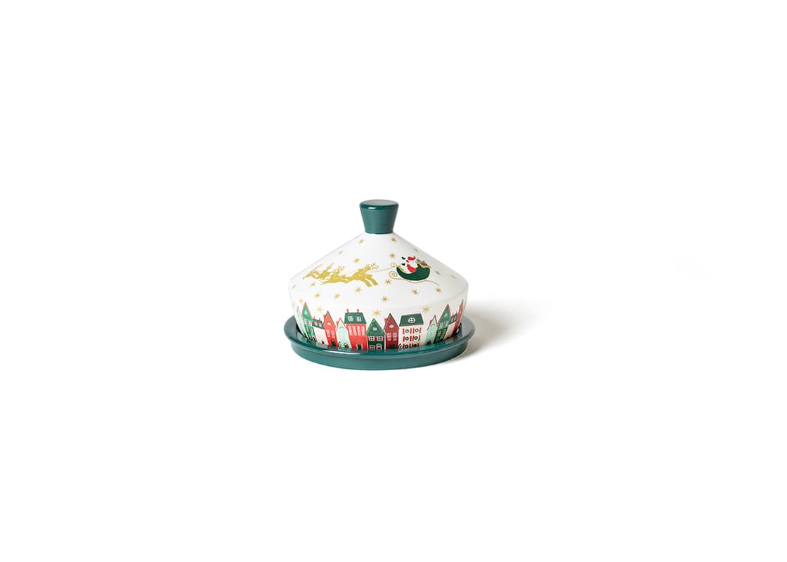 Front View of Flying Santa Round Butter Dish Showcasing Design Details on Outside
