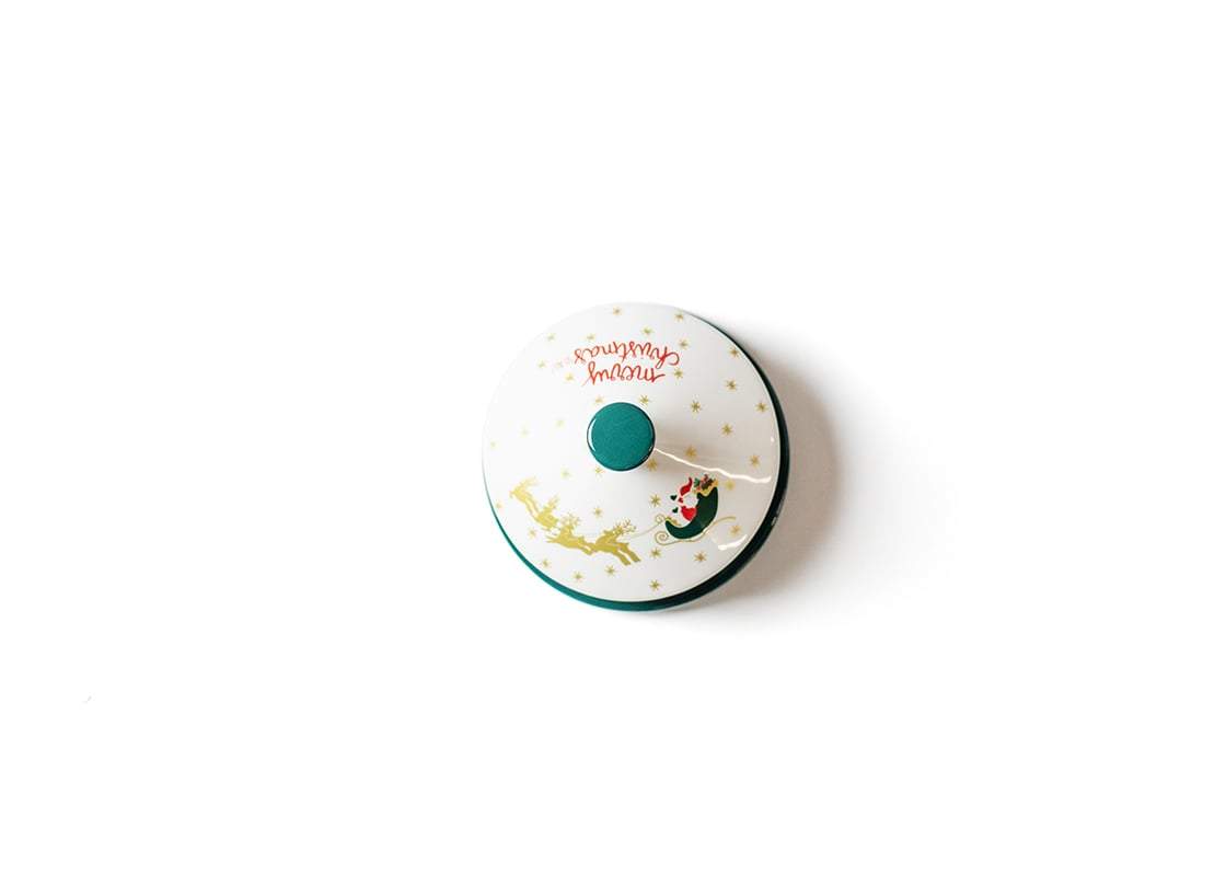 Overhead View of Flying Santa Round Butter Dish Showing Design Details on Lid and Knob