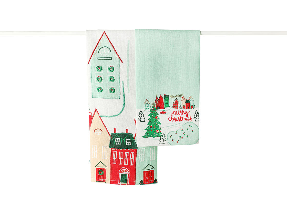 Front View of Folded Christmas in the Village Town Hand Towels Set of 2 Layered and Hung on Towel Rod to Inspire