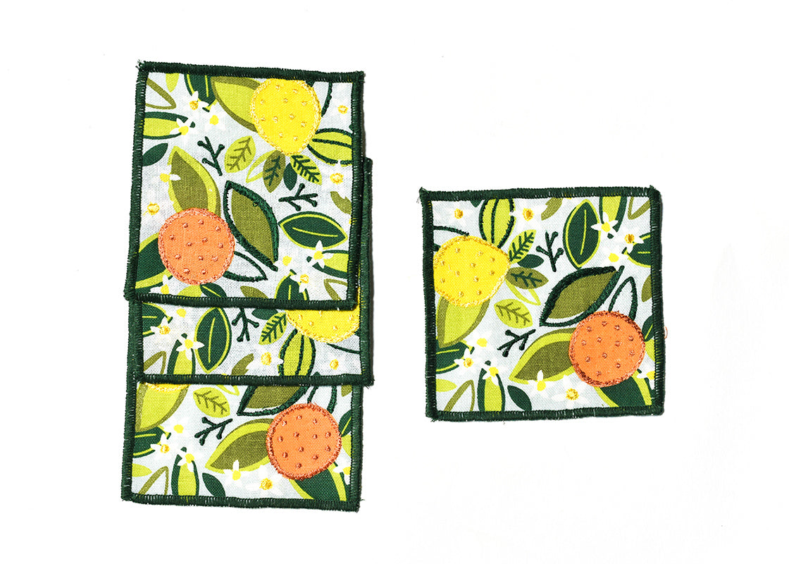 Overhead View of Blue Citrus Print Cocktail Napkins Set of 4 Showing all Pieces in Set