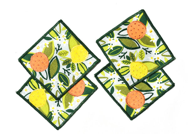 Vibrant Colors and Green Embroidered Edging on Citrus Print Cocktail Napkins