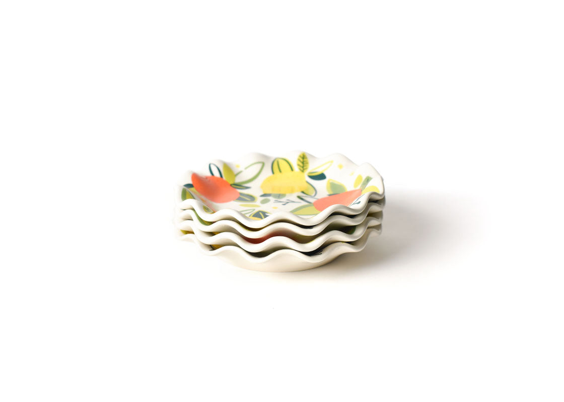 Front View of Neatly Stacked Citrus Print Ruffle Salad Plate Set of 4 Showing all Pieces in Set