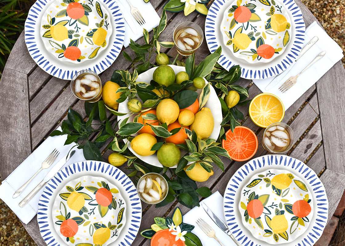 Overhead View of Fruitful Tablescape with Coordinating Citrus Designs Including the Ruffle Salad Plate