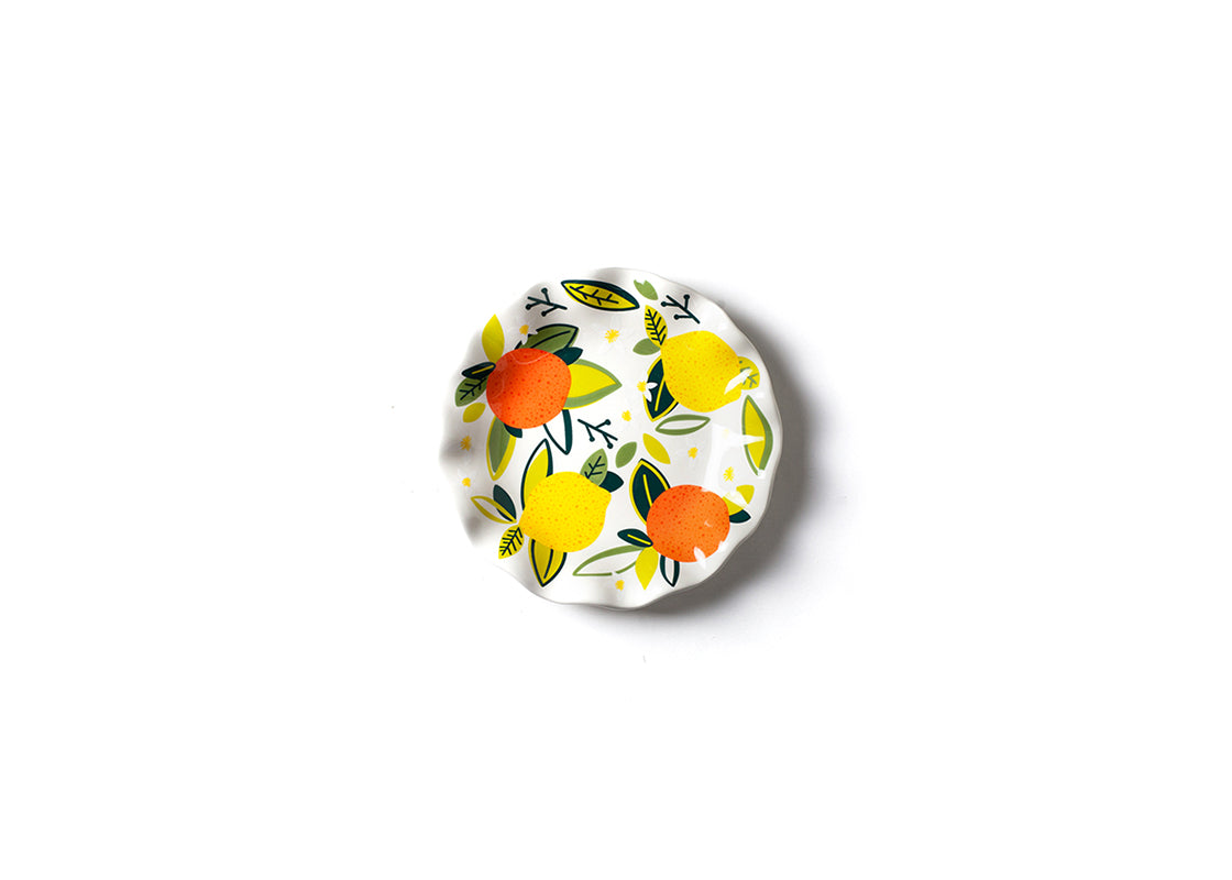 Overhead View of Citrus Print Ruffle Salad Plate Showcasing Brightly Colored Design
