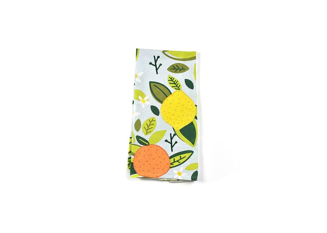 Overhead View of Blue Citrus Print Large Hand Towel Showing Design when Folded