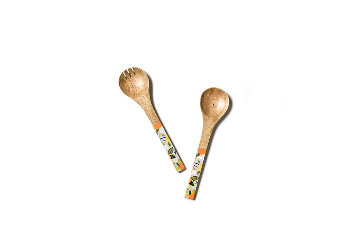 Overhead View of Fork and Spoon in Blue Citrus Print Wood Salad Server Set Placed Side by Side