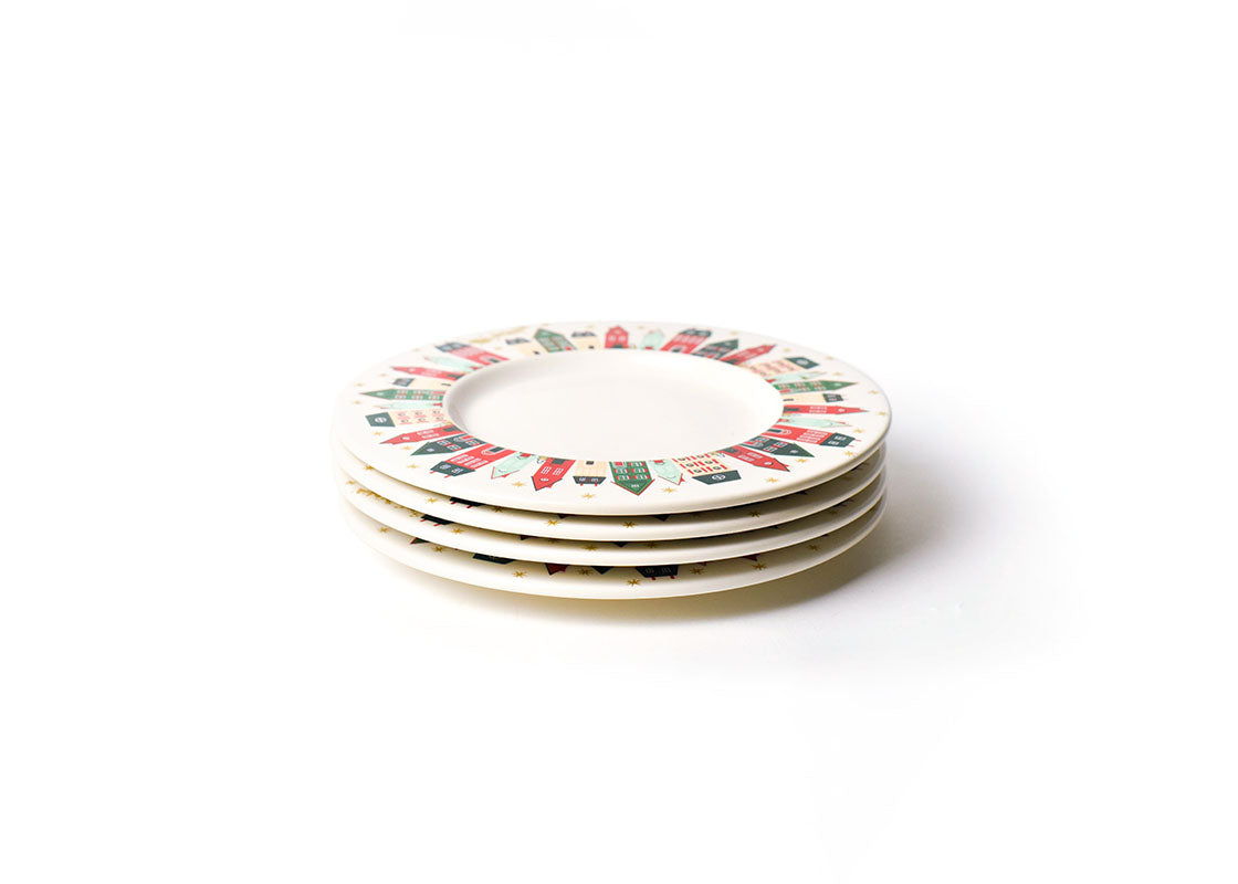 Front View of Neatly Stacked Flying Santa Rimmed Dinner Plate Set of 4 Showing all Pieces in Set