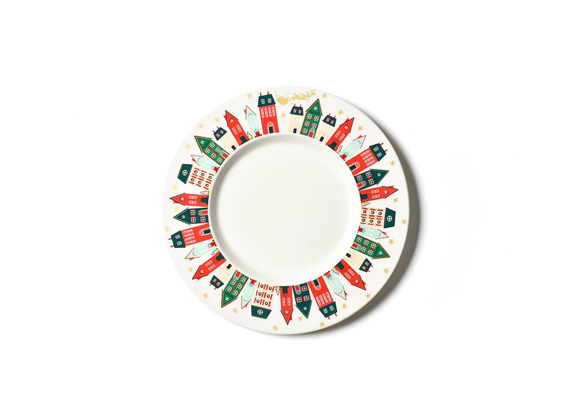 Overhead View of Flying Santa Rimmed Dinner Plate with Colorful Village Houses around Edge of Plate