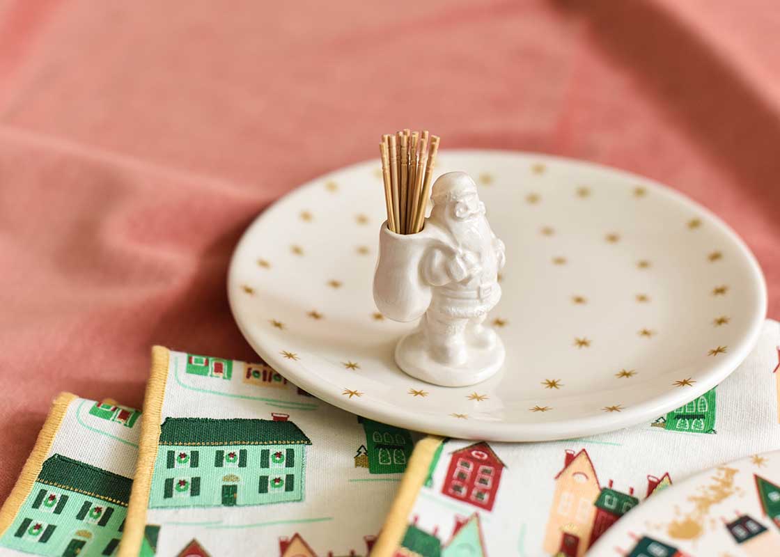 Front View of Standing Santa Toothpick Holder with Coordinating Holiday Decor