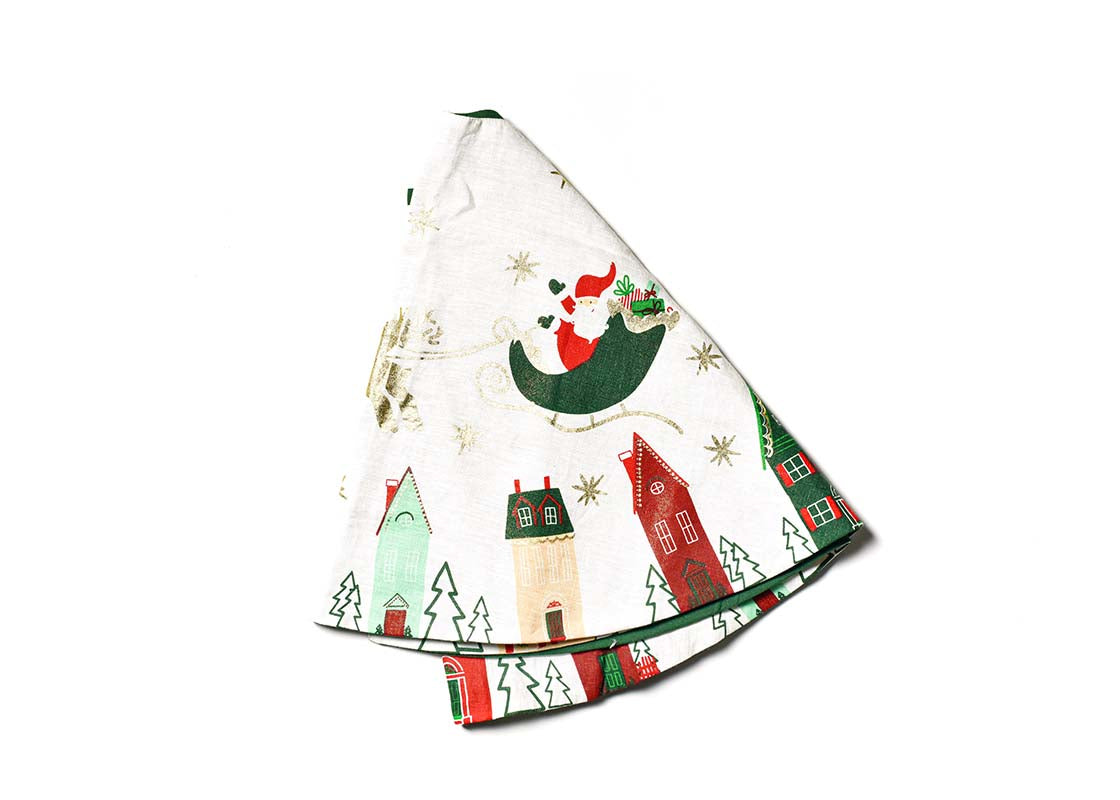 Overhead View of Folded Flying Santa Tree Skirt Showing Closer View of Design Details