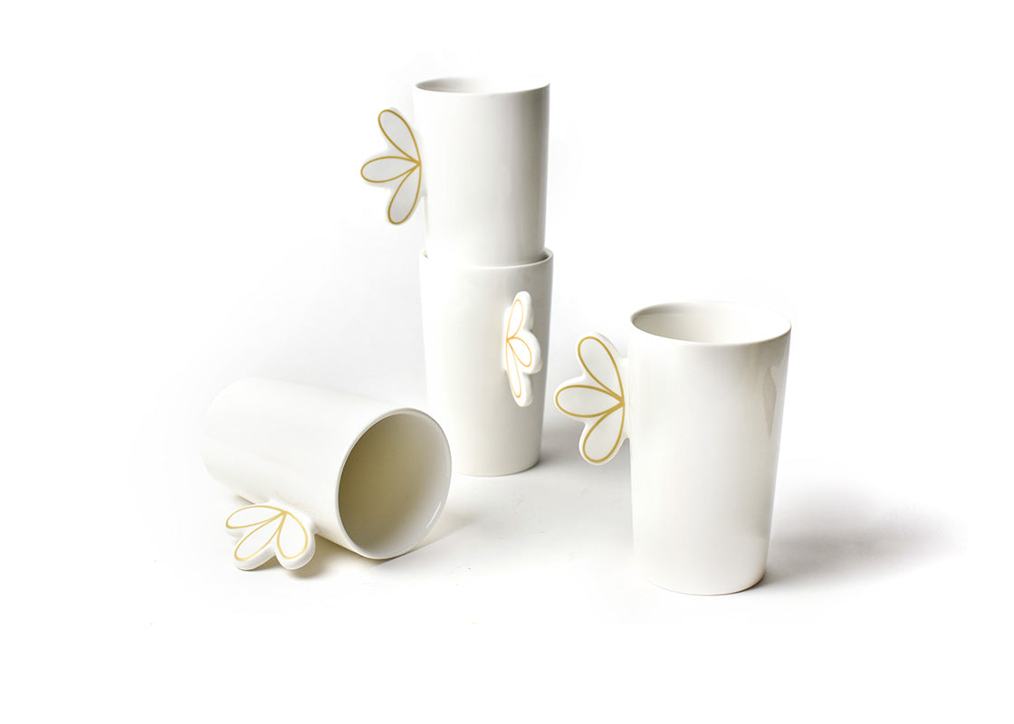 Front View of Creatively Placed Deco Gold Scallop Mug Set of 4 Showing all Pieces in Set