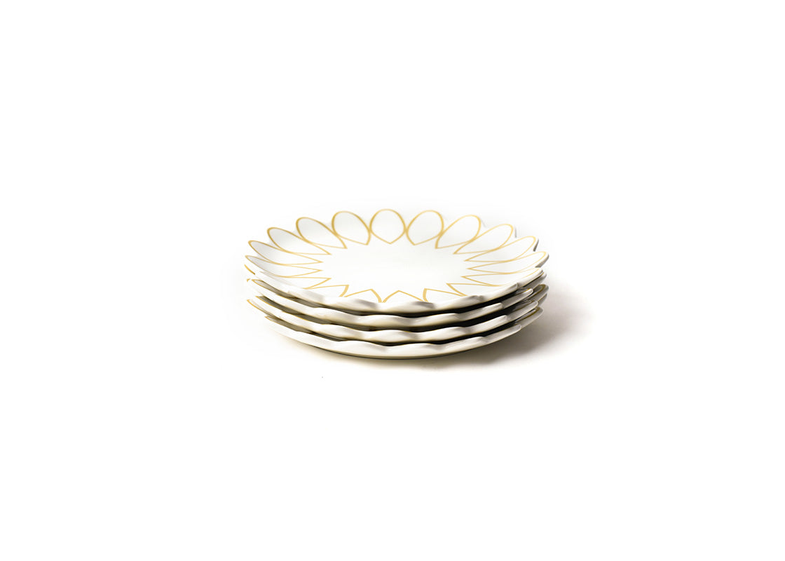 Front View of Neatly Stacked Deco Gold Scallop Salad Plate Set of 4 Showing all Pieces in Set