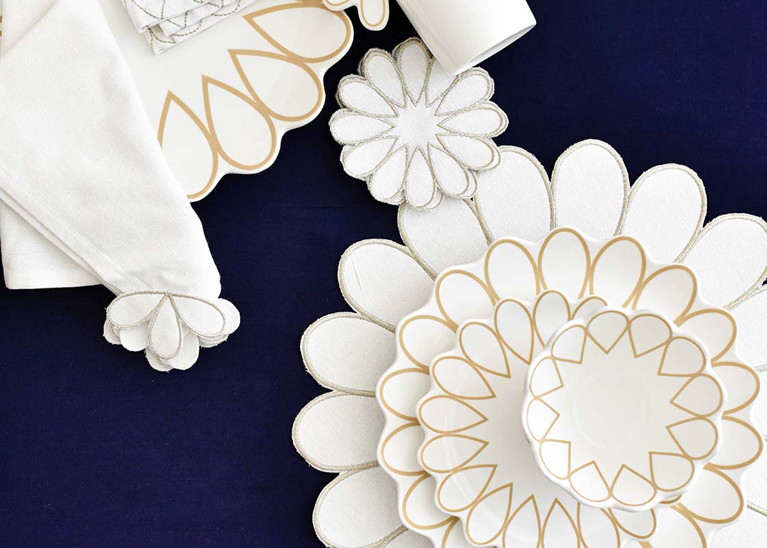 Overhead View of Coordinating Pieces from Deco Collection including Deco Gold Scallop Salad Plate