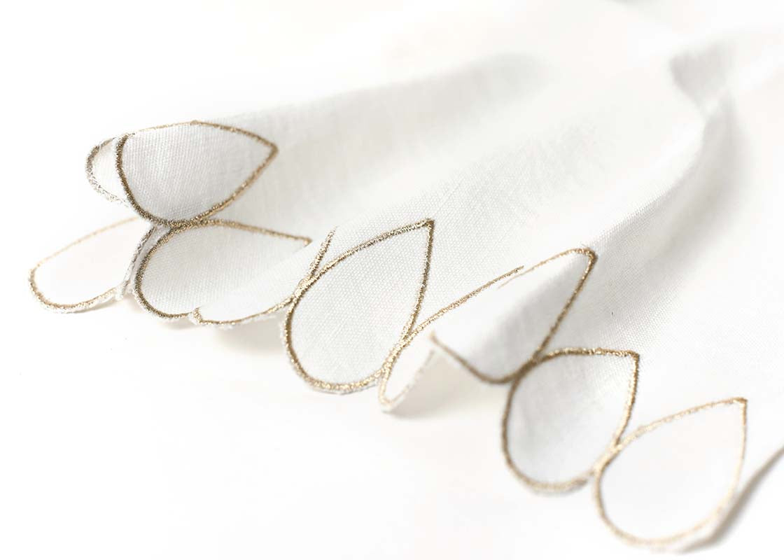 Cropped Close up of Embroidered Cutwork Edge on Deco Gold Scallop Medium Hand Towel Showcasing Beautiful Texture of Fabric