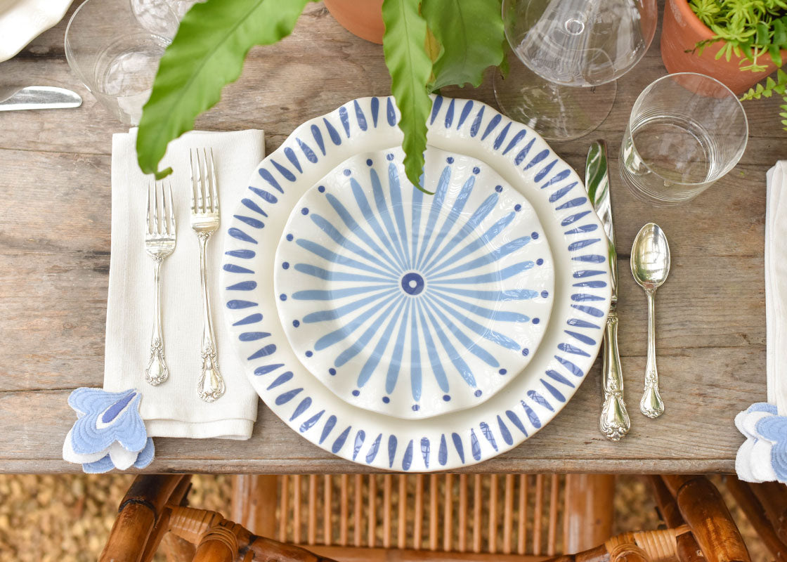 Overhead View of Coordinating Dinnerware in Iris Blue Designs