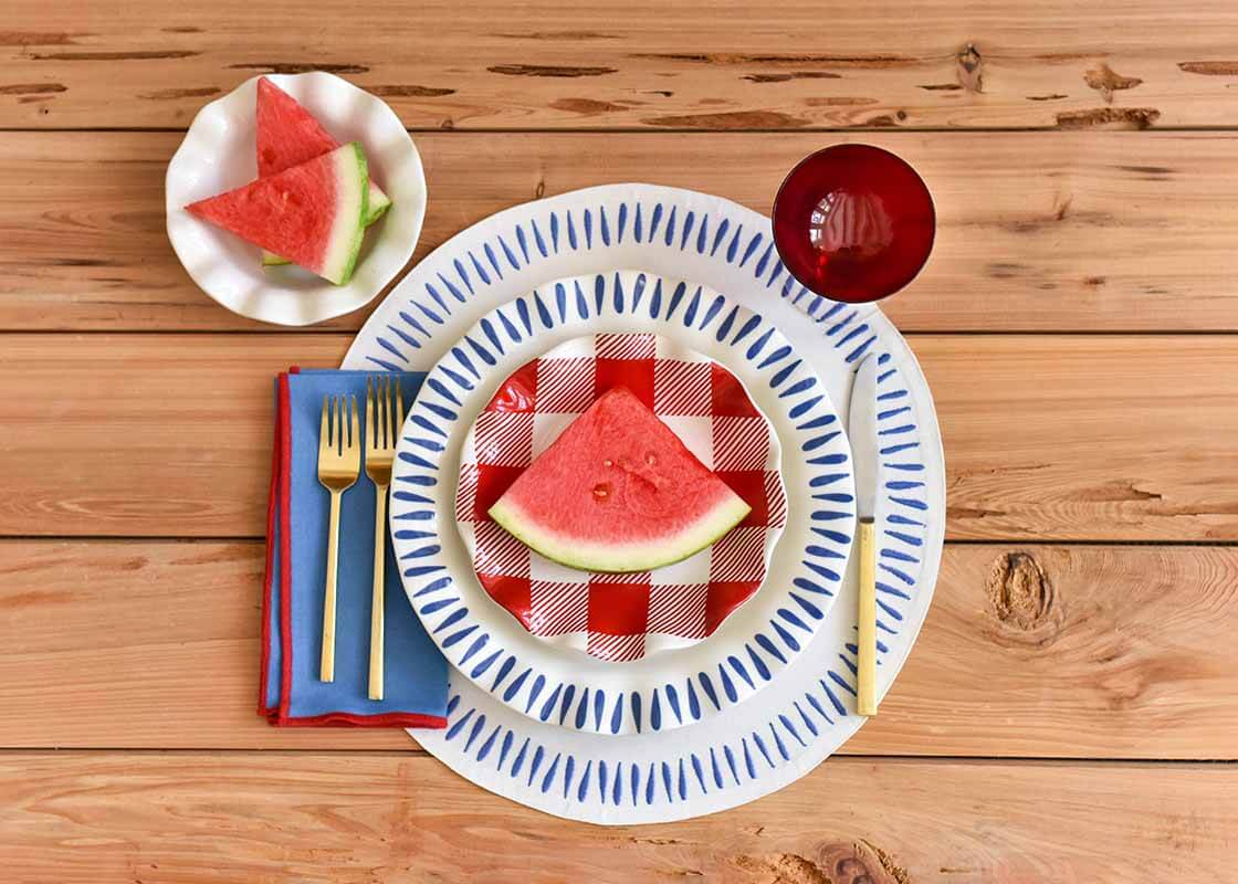 Overhead View of Individual Place Setting with Iris Blue Drop Ruffle Dinner Plate