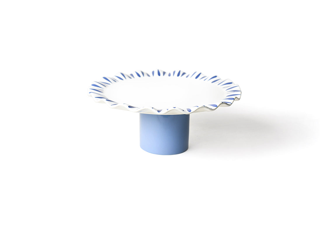 Front View of Iris Blue Drop Large Ruffle Cake Stand Showcasing Hand-Painted Round Pedestal